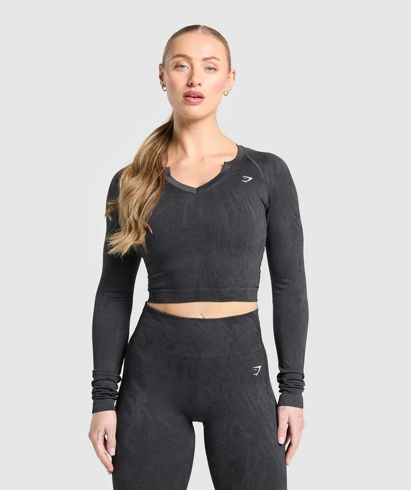 Gymshark Adapt Camo Seamless Long Sleeve Top - Asphalt Grey/Black