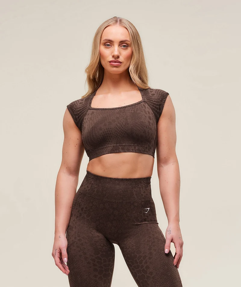 Gymshark Adapt Animal X Whitney Seamless Crop Top - Soft Brown/Archive Brown
