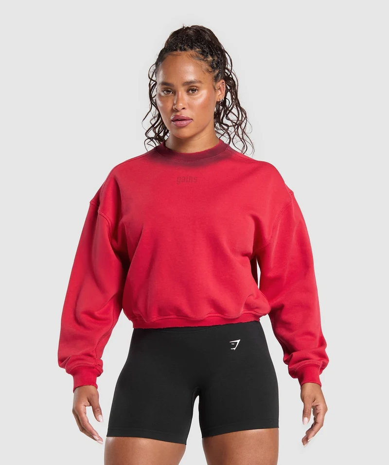 Gymshark Gains Washed Loopback Crew Neck - Conditioning Red/Sets Red/Spray Dye