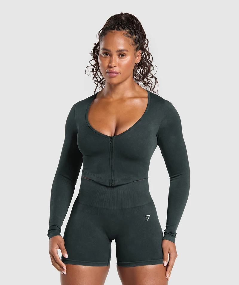 Gymshark Gains Seamless Washed Zip Up Jacket - Black