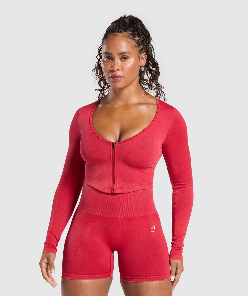 Gymshark Gains Seamless Washed Zip Up Jacket - Carmine Red/Wash