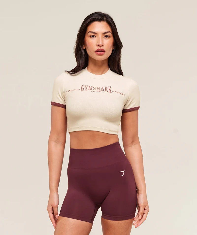 Gymshark Ribbed Cotton Crop Top - Oat White/Burgundy Brown