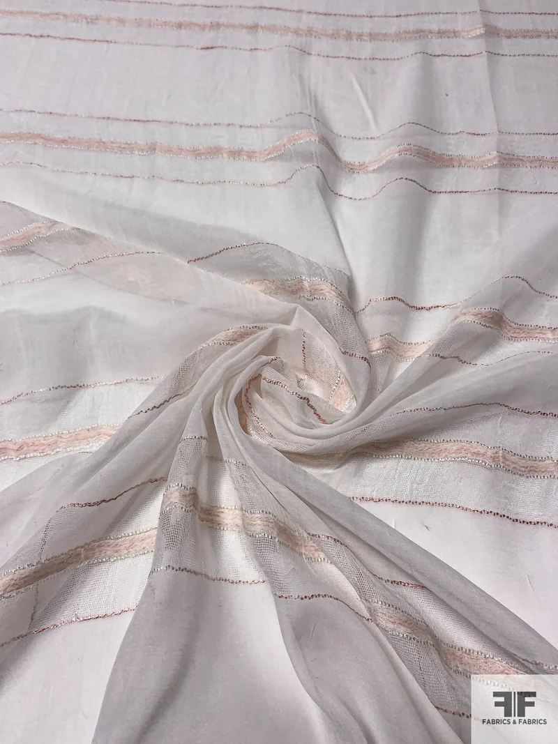 Italian Horizontal Striped Polyester Voile-Gauze Novelty - Off-White / Dusty Coral