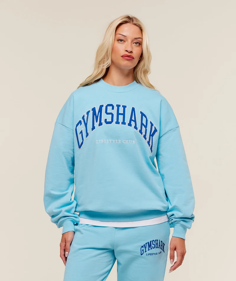 Gymshark Collegiate Graphic Crew Neck Pullover - Athletic Light Blue