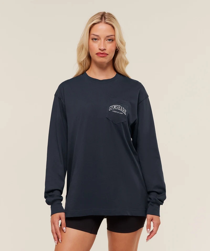 Gymshark Collegiate Graphic Long Sleeve T-Shirt - Heavy Blue