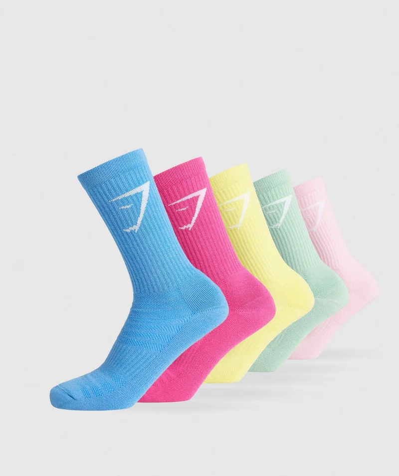 Gymshark Crew Socks 5pk - Dolly Pink/Lemon Yellow/Lido Green/Valley Pink/Lats Blue