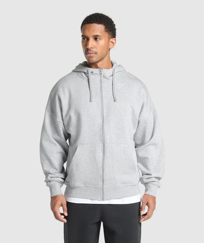 Gymshark Essential Oversized Zip Up Hoodie - Light Grey Core Marl