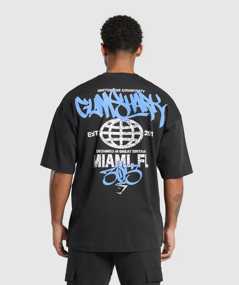 Gymshark Miami Graphic SS T-Shirt - Black/Lats Blue