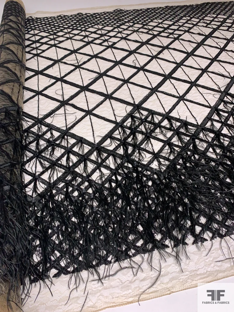 Sequined and Embroidered Tulle with Ostrich Feathers - Black