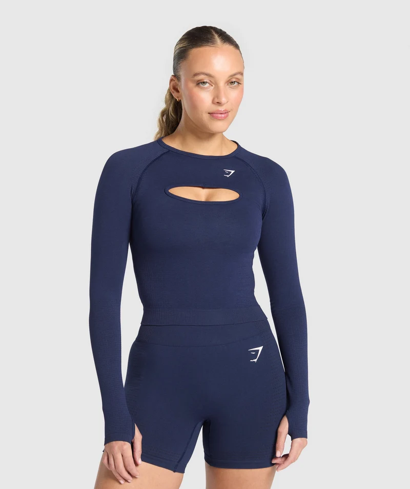 Gymshark Vital Long Sleeve Cut Out Top - Heavy Blue/Marl