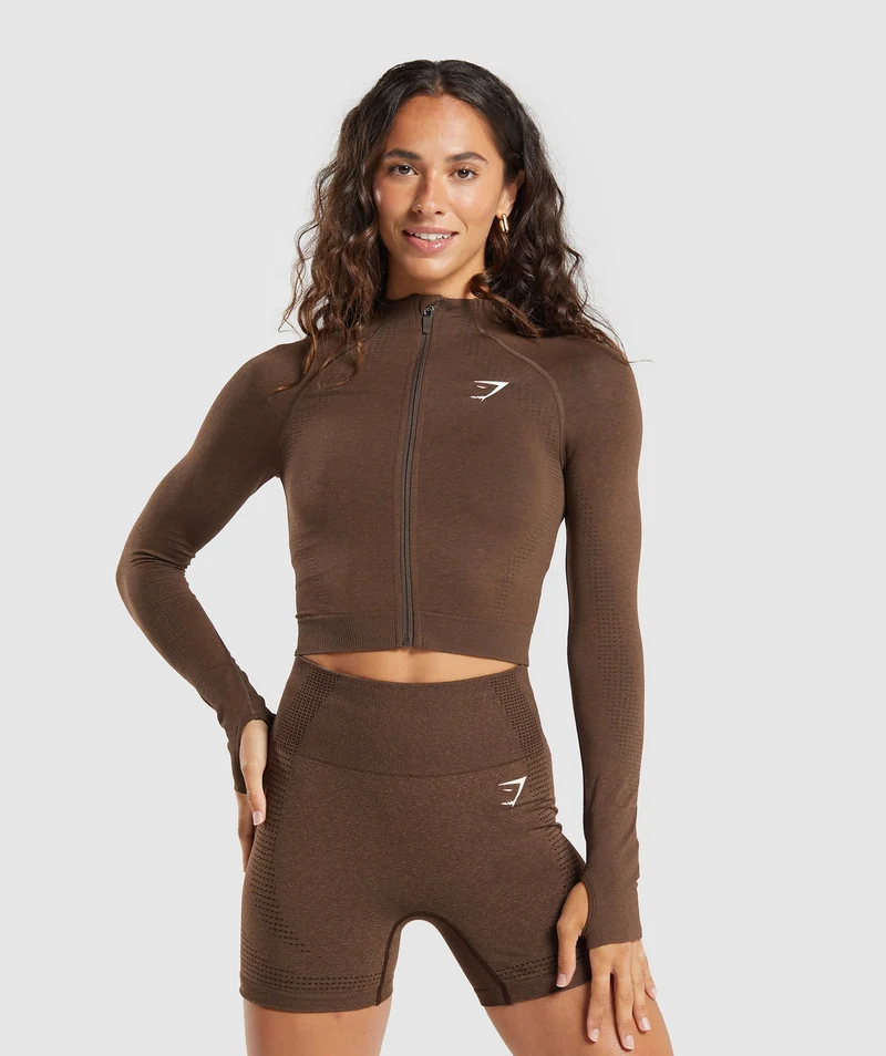 Gymshark Vital Seamless Midi Zip 2.0 Pullover - Espresso Marl