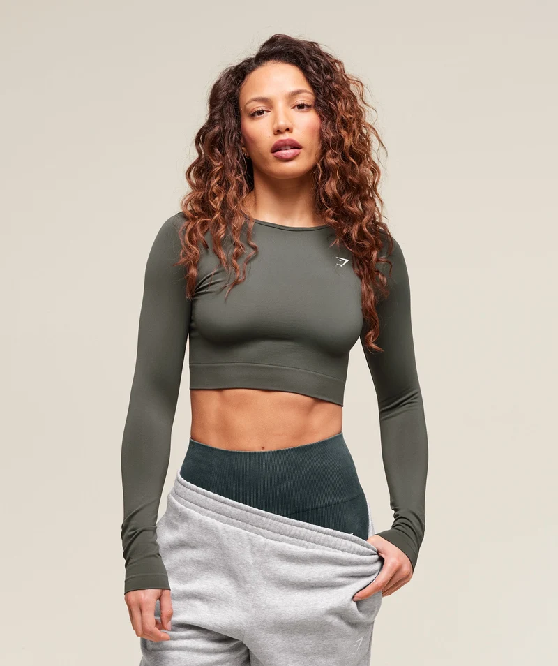 Gymshark Everyday Seamless Long Sleeve Crop Top - Strength Green