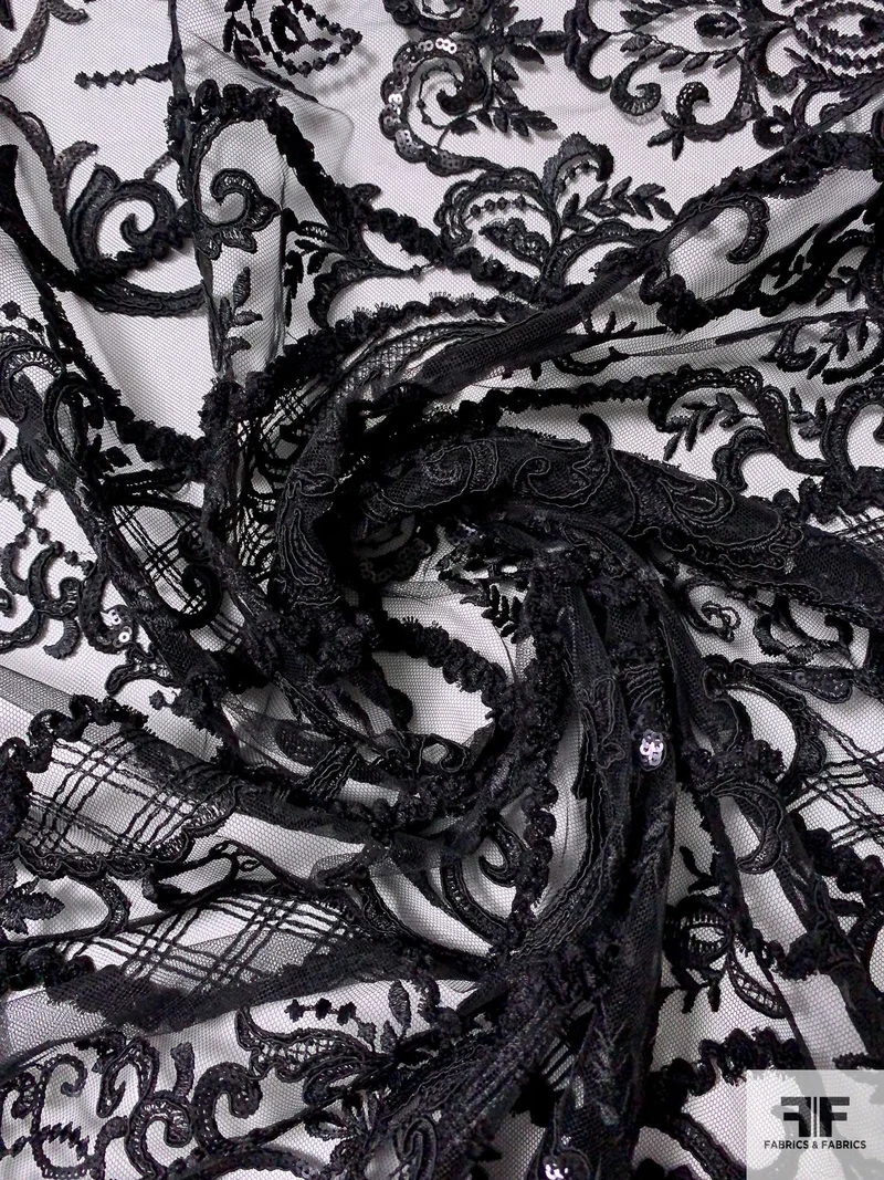 J Mendel Regal Embroidered Tulle with Cording and Ribbon Work - Black