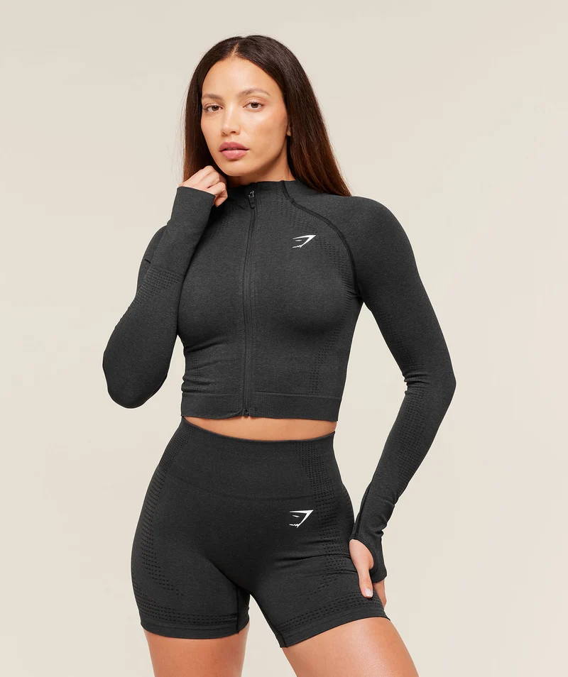 Gymshark Vital Seamless Midi Zip 2.0 Pullover - Black Marl