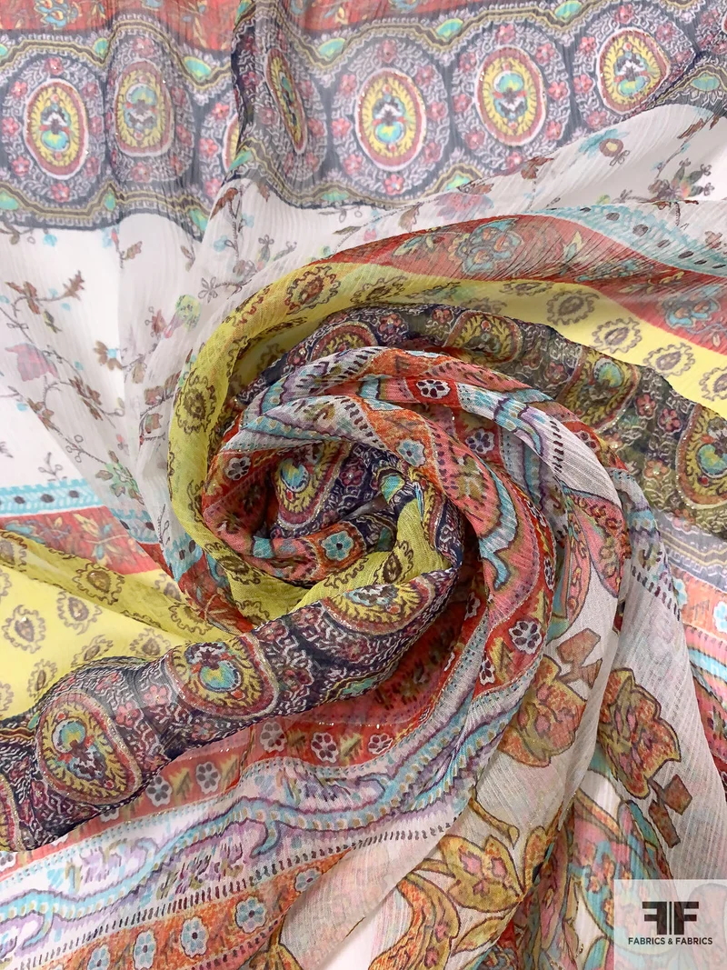 Bohemian Striped Printed Silk Chiffon with Glitter Outlining - Multicolor