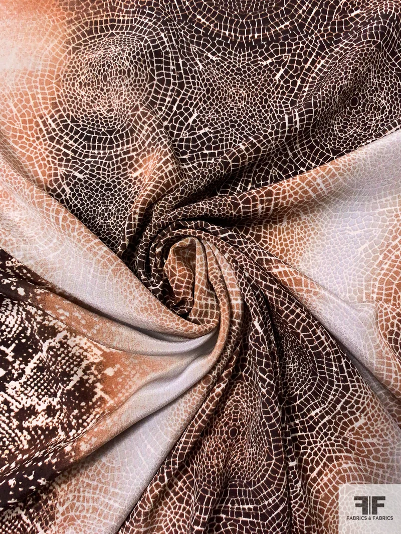 Mosaic Floral Compass Border Pattern Printed Silk Crepe de Chine with Gold Foil Splatter - Browns / Blues / Off-White