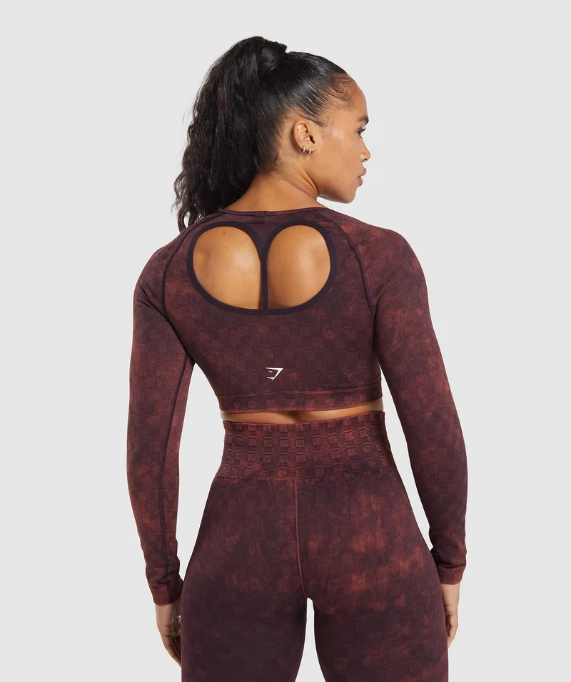 Gymshark Check Seamless Washed Long Sleeve Top - Eng-L-A0157 Plum Brown/Oxi Wash