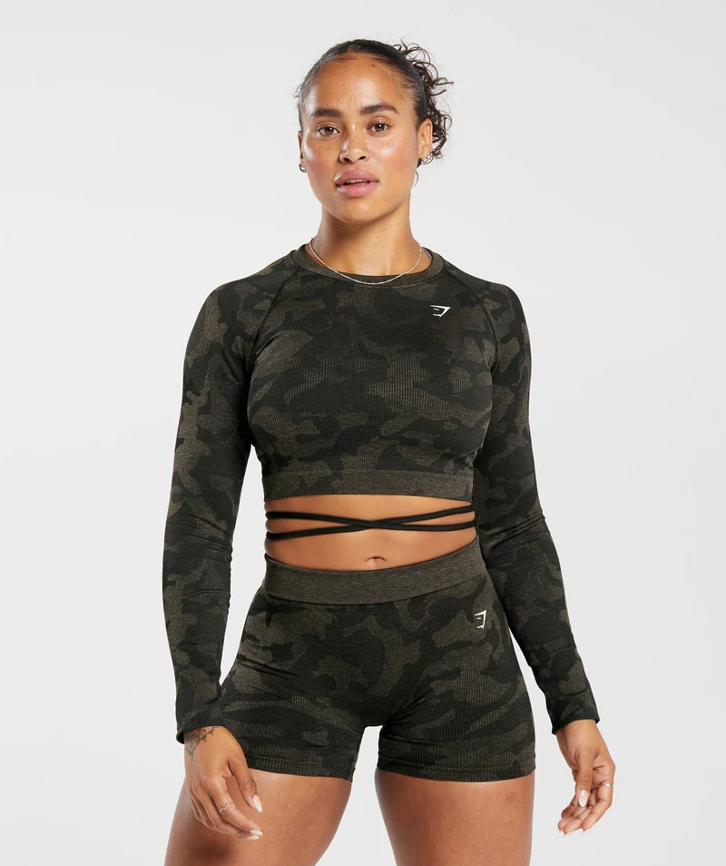 Gymshark Adapt Camo Seamless Long Sleeve Crop Top - Black/Camo Brown