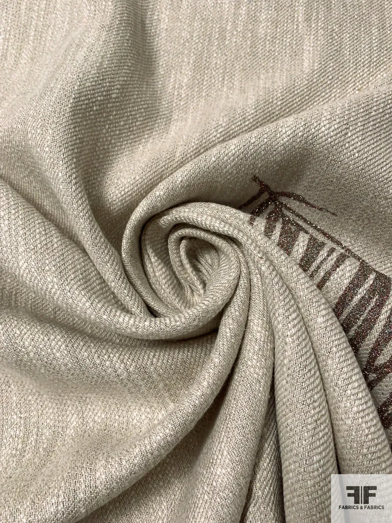 Italian Glittered Leaf Printed Twill-Weave Cotton-Linen - Oatmeal / Multicolor