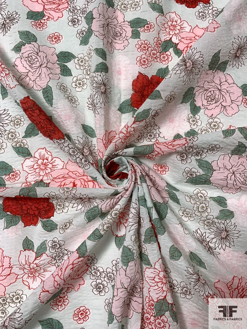 Floral Printed and Striped Cotton Plissé - Pale Mint / Sage / Red / Pink / Brown
