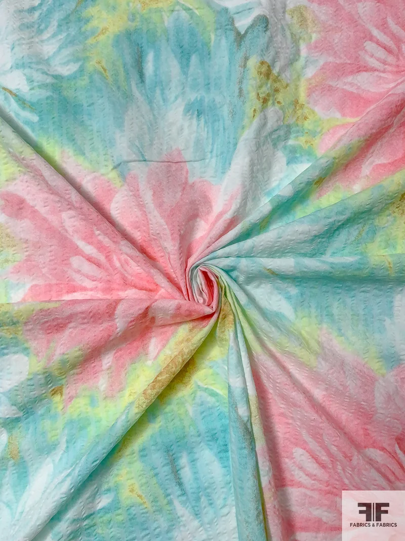 Large-Scale Floral Printed Cotton Plissé - Seafoam / Pink / Light Chartreuse / Off-White