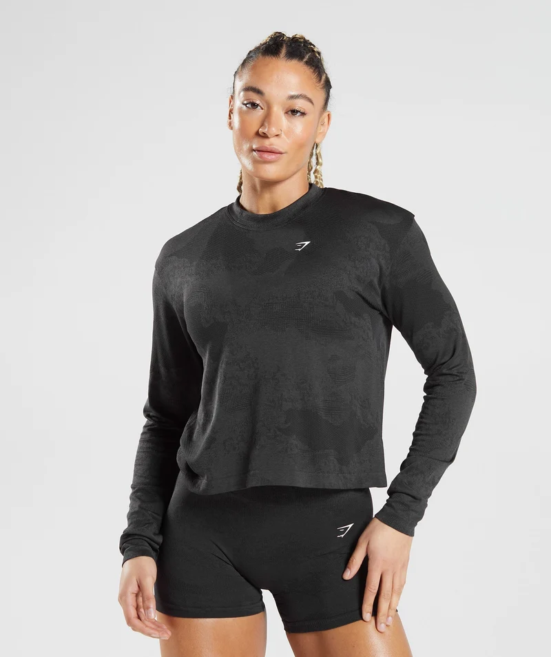 Gymshark Adapt Camo Seamless Long Sleeve Top - Black/Onyx Grey