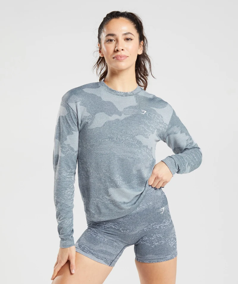 Gymshark Adapt Camo Seamless Long Sleeve Top - River Stone Grey/Evening Blue