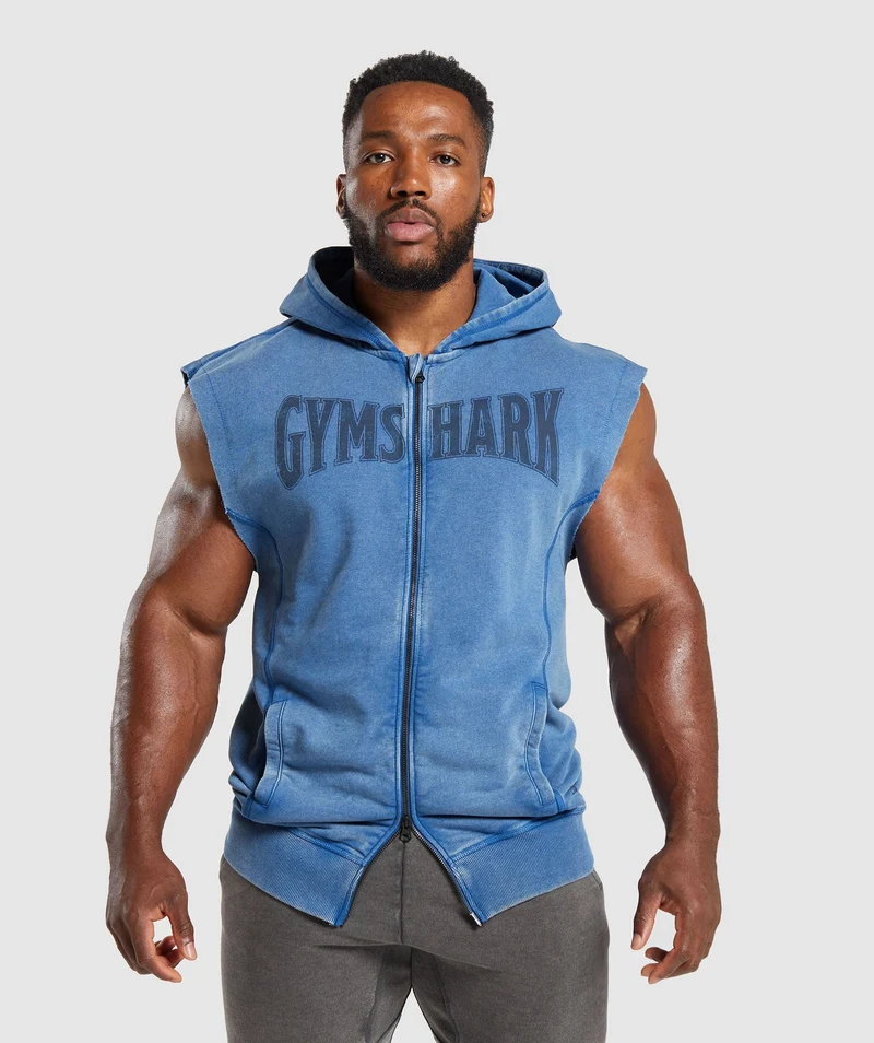 Gymshark Heritage Washed Sleeveless Zip Up Hoodie - Vintage Blue/Acid Wash Small Ball