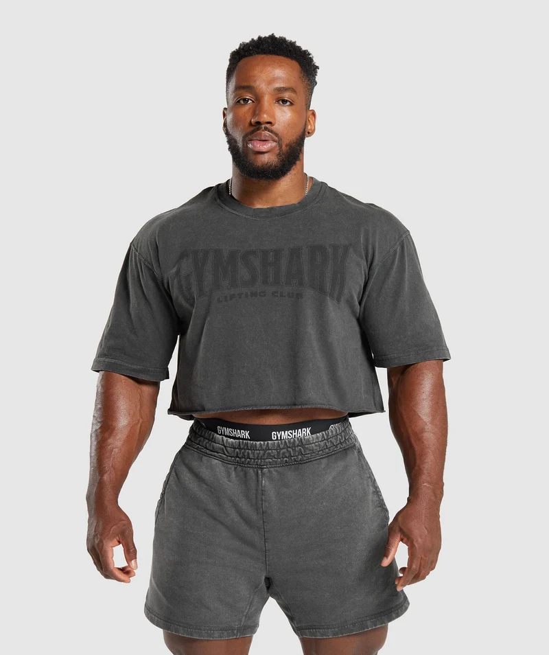 Gymshark Heritage Washed Crop T-Shirt - Onyx Grey/Acid Wash Small Ball