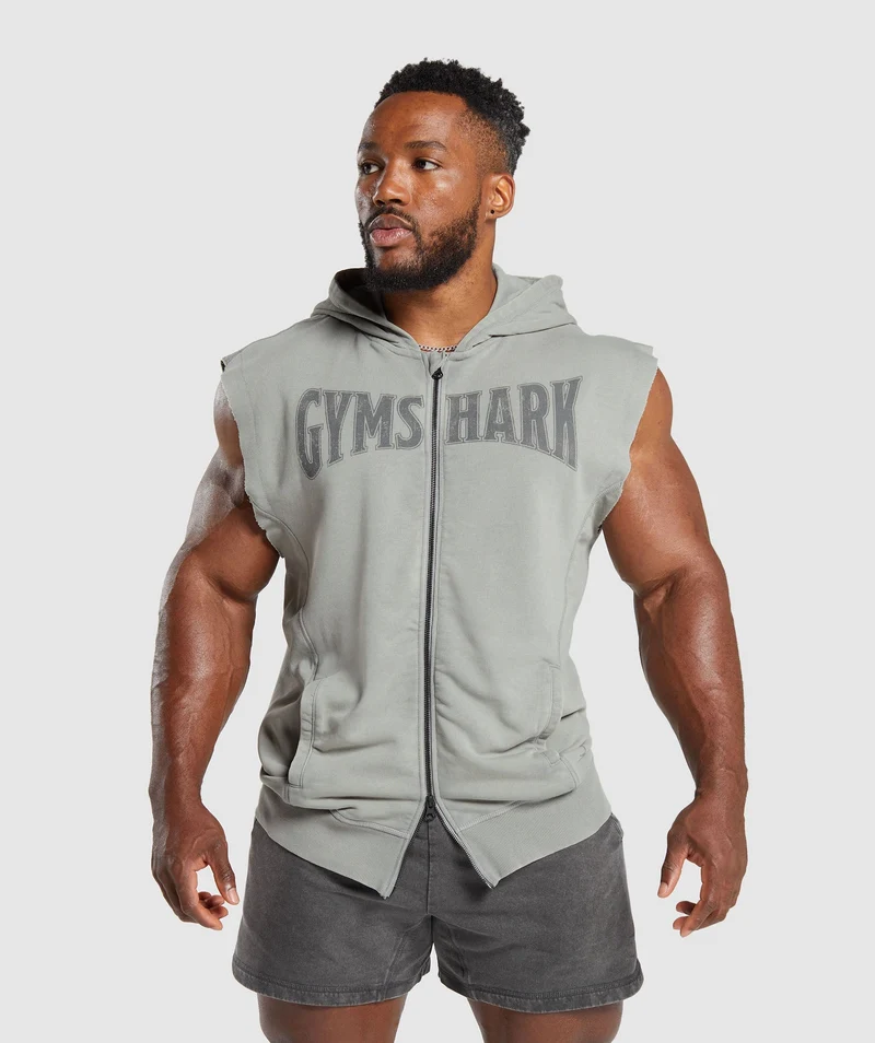 Gymshark Heritage Washed Sleeveless Zip Up Hoodie - Smokey Grey/Acid Wash Small Ball