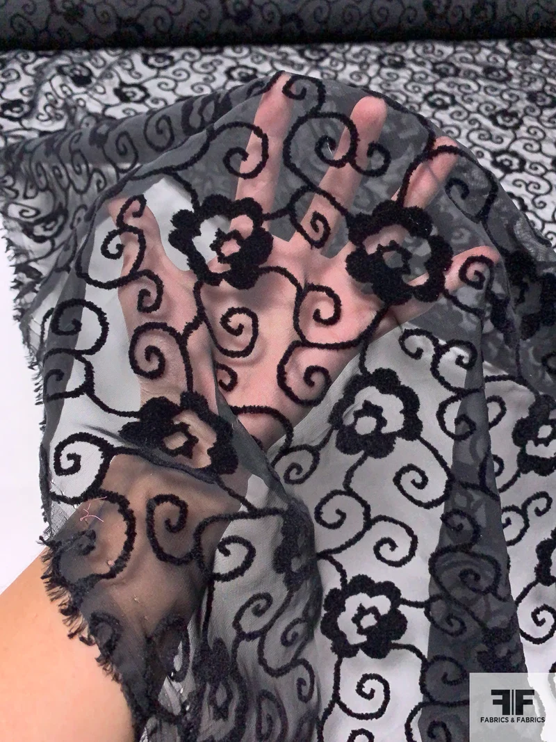 Chiffon with Flocked Ornate Floral Vines - Black