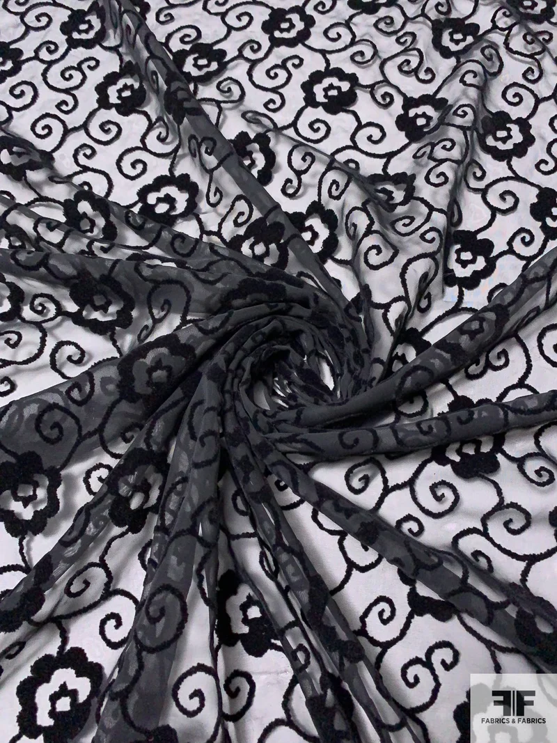 Chiffon with Flocked Ornate Floral Vines - Black
