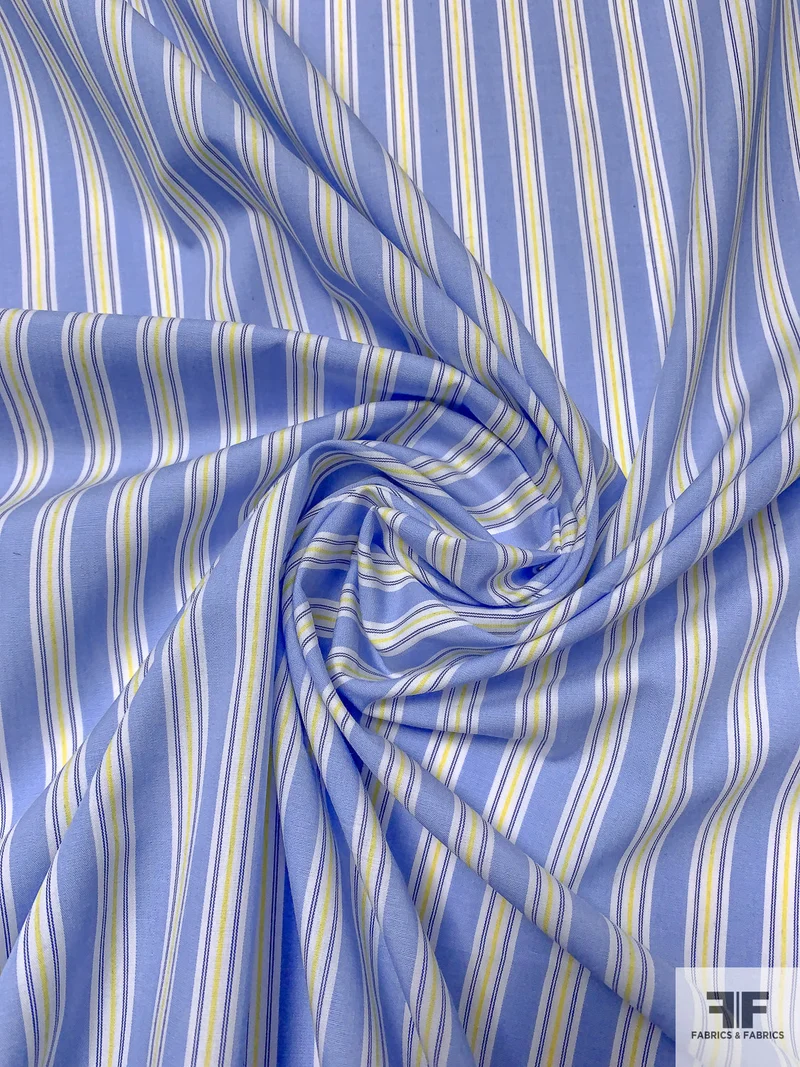Vertical Striped Cotton Shirting - Blue / Yellow / White