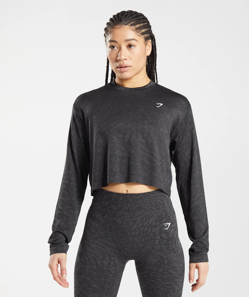 Gymshark Adapt Animal Seamless Long Sleeve Top - Black/Coin Grey
