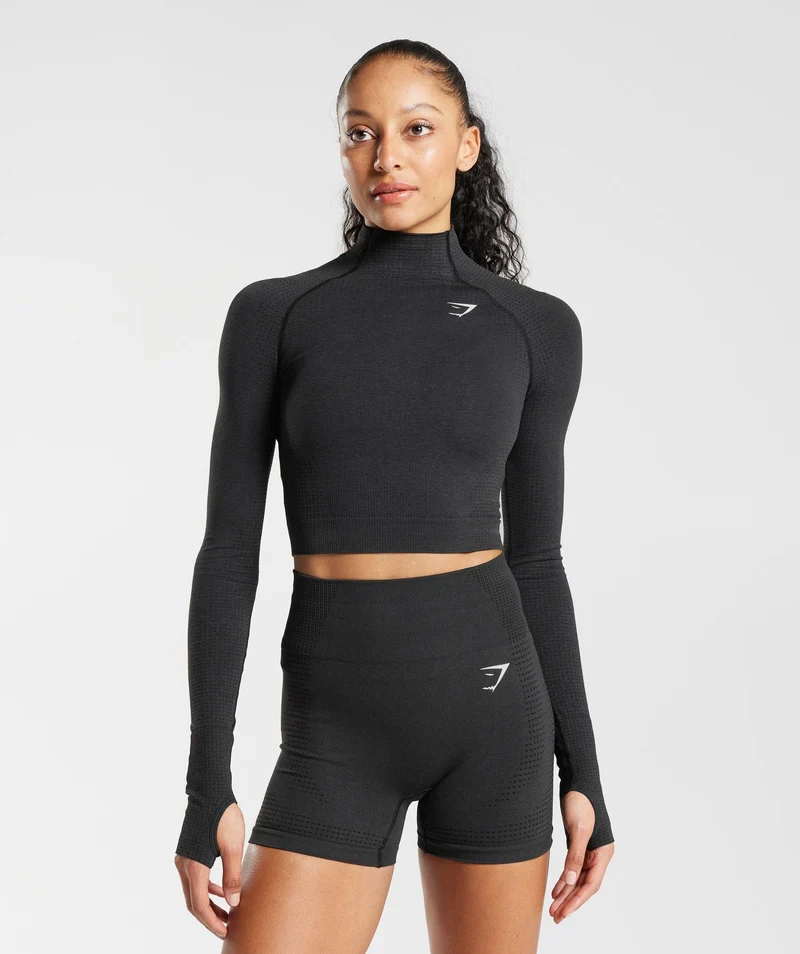 Gymshark Vital High Neck Midi Top - Black Marl