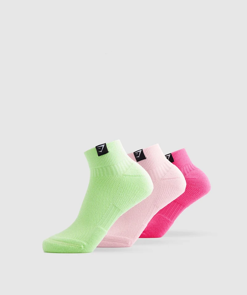 Gymshark Quarter Socks 3pk - Kiwi Green/Sweet Pink/Fluo Fuchsia