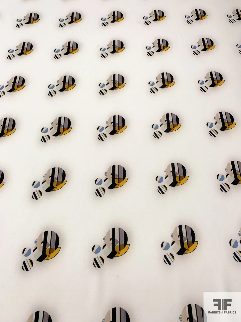 Geometric Circles Printed Stretch Polyester Crepe - Light Ivory / Black / Golden Yellow
