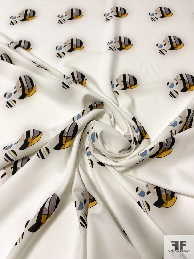 Geometric Circles Printed Stretch Polyester Crepe - Light Ivory / Black / Golden Yellow