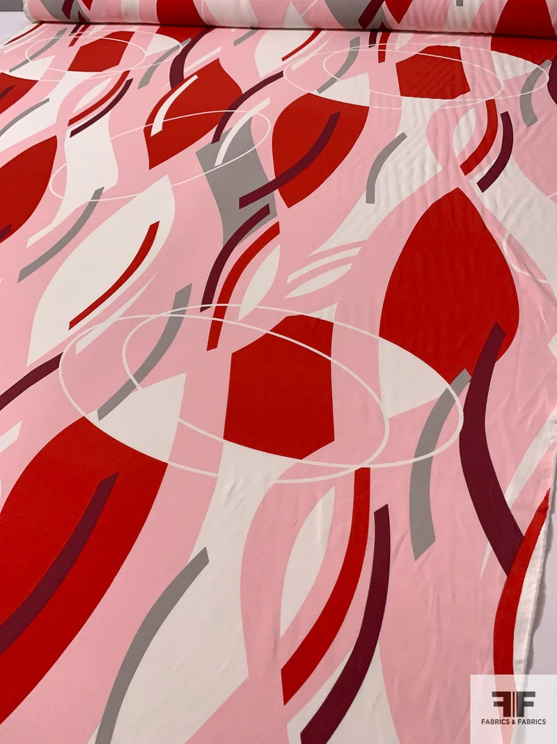 Groovy Geometric Printed Heavy Stretch Polyester Crepe - Baby Pink / Red / Grey / Cranberry