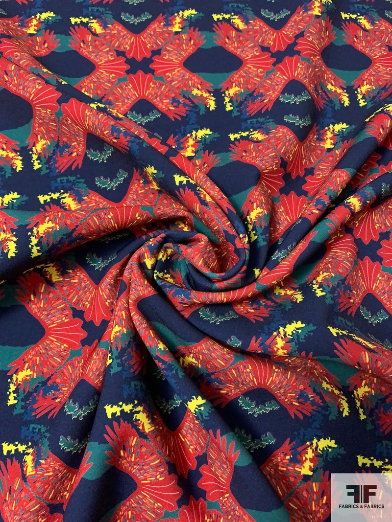 Italian Ethnic Inspired Printed Heavy Stretch Polyester Crepe - Burnt Red / Evergreen / Navy / Yellow