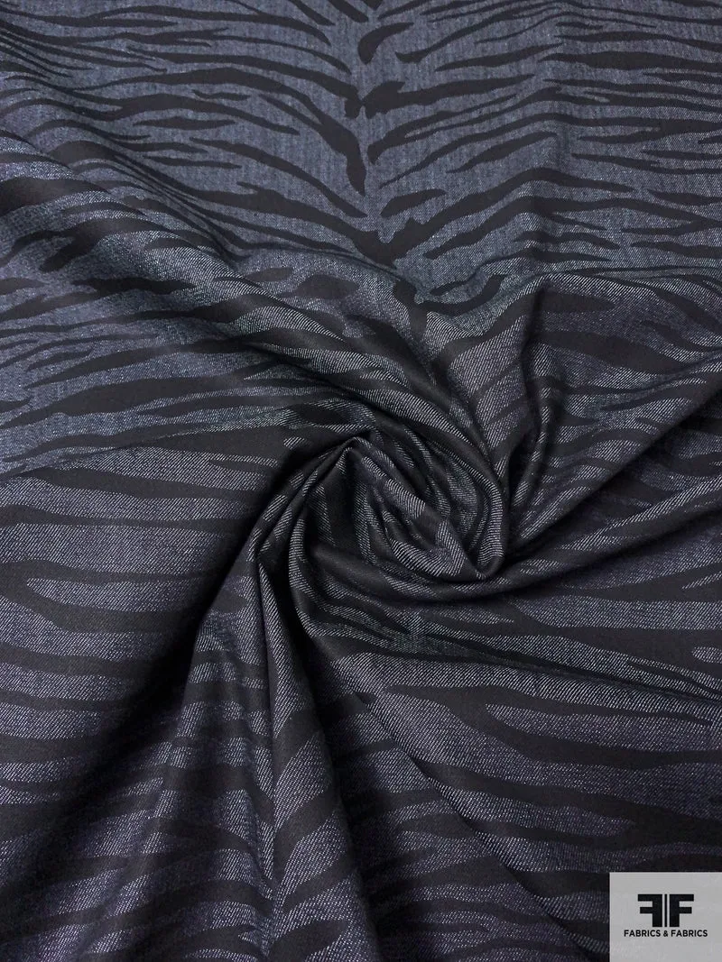 Tiger Pattern Printed Stretch Cotton Denim - Denim Navy / Black / Light Grey