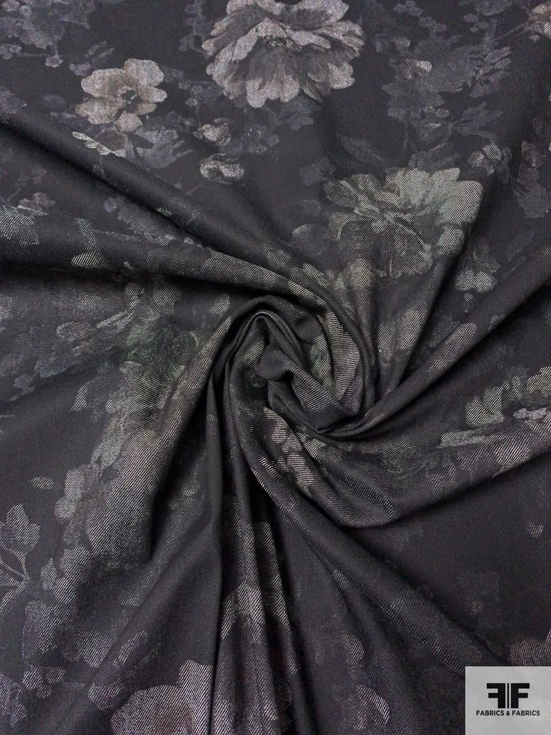 Shadow Floral Printed Stretch Cotton Denim - Smokey Grey / Black