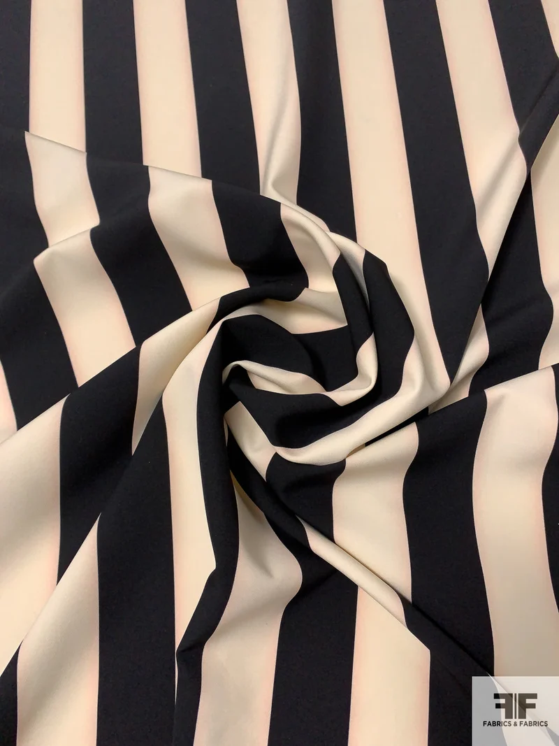 Vertical Striped Printed Heavy Polyester Crepe - Black / Beige