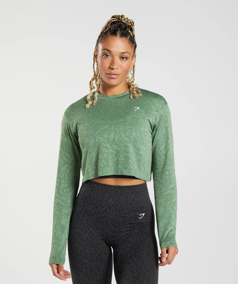 Gymshark Adapt Animal Seamless Long Sleeve Top - Iguana Green/Tea Green