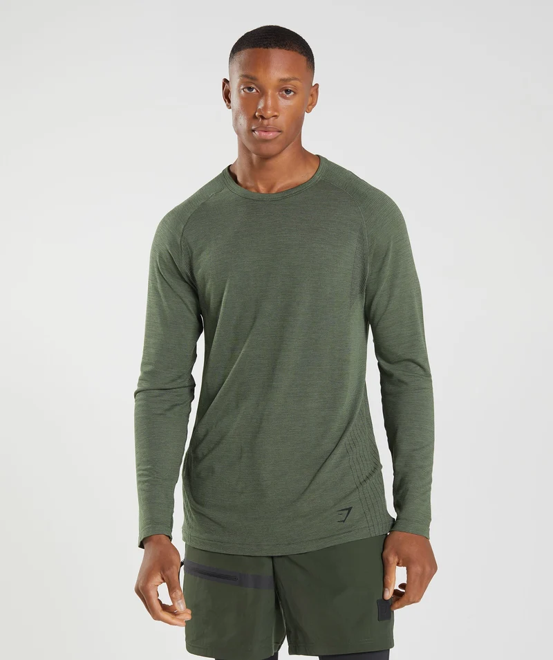 Gymshark Retake Seamless Long Sleeve T-Shirt - Core Olive/Black Marl