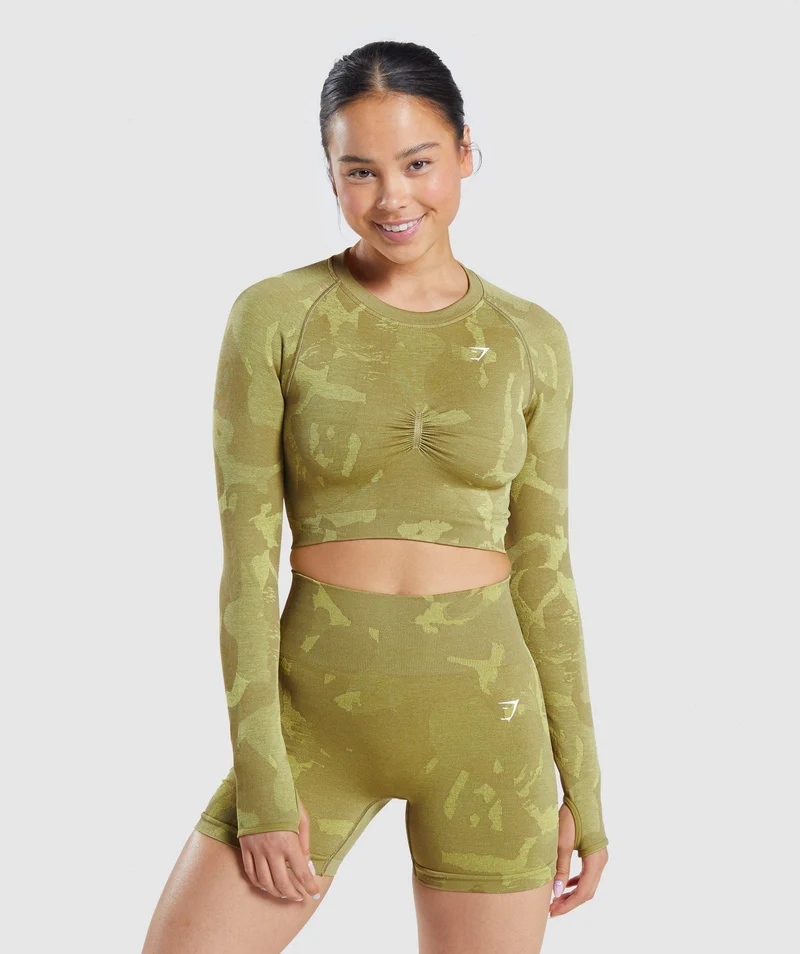 Gymshark Adapt Camo Seamless Long Sleeve Crop Top - Griffin Green