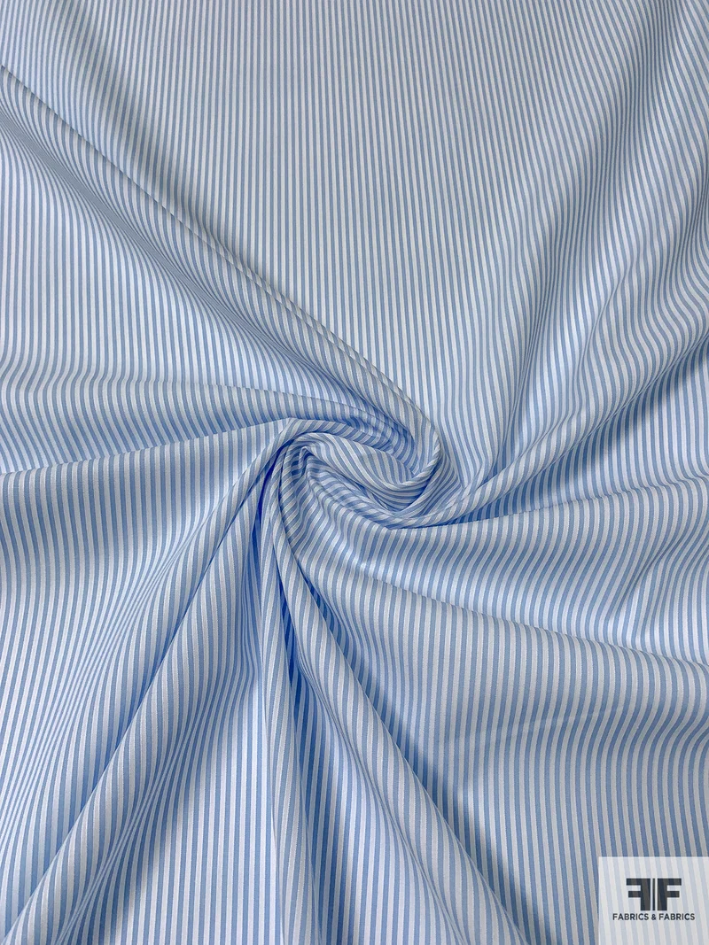 Vertical Railroad Striped Finely Textured Yarn-Dyed Cotton Shirting - Maya Blue / White