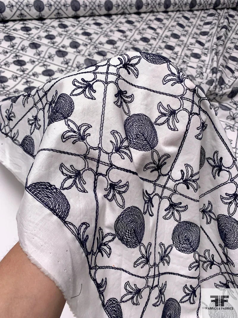 Regal Circle Quadrants Embroidered Cotton Poplin - Navy / White