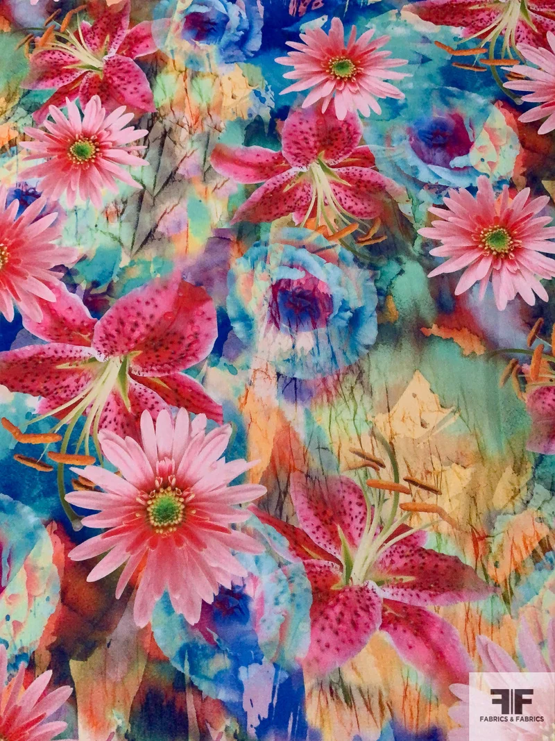 Famous NYC Designer Floral Printed Polyester Crepe - Pinks / Blues / Multicolor