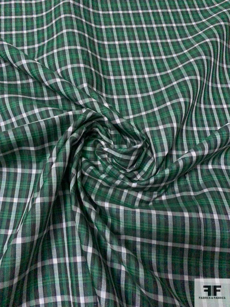 Italian Prabal Gurung Cotton and Lurex Double-Sided Plaid and Gingham Shirting Novelty - Green / Navy / White / Metallic Blue